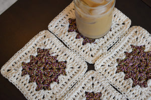Rich Purple & Cream Granny Square Crochet Coasters Set (Set of 4)
