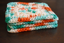 Load image into Gallery viewer, Teal, Coral, &amp; Cream Granny Square Crochet Coasters Set (Set of 4)
