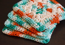 Load image into Gallery viewer, Teal, Coral, &amp; Cream Granny Square Crochet Coasters Set (Set of 4)
