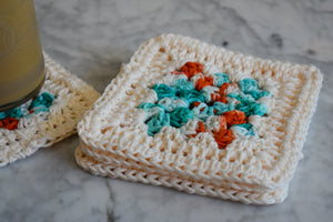Cream, Teal, & Coral Granny Square Crochet Coasters Set (Set of 4)