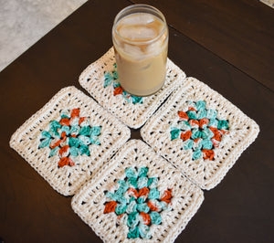 Cream, Teal, & Coral Granny Square Crochet Coasters Set (Set of 4)