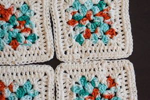 Cream, Teal, & Coral Granny Square Crochet Coasters Set (Set of 4)