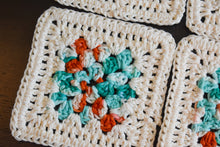 Load image into Gallery viewer, Cream, Teal, &amp; Coral Granny Square Crochet Coasters Set (Set of 4)
