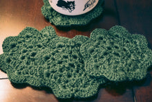 Load image into Gallery viewer, Mossy Green Floral Inspired Crochet Coasters Set (Set of 4)
