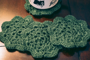 Mossy Green Floral Inspired Crochet Coasters Set (Set of 4)