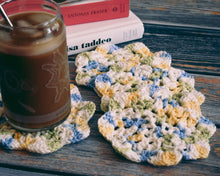 Load image into Gallery viewer, Blue &amp; Yellow Floral Inspired Crochet Coasters Set (Set of 4)
