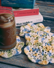 Load image into Gallery viewer, Blue &amp; Yellow Floral Inspired Crochet Coasters Set (Set of 4)
