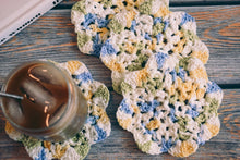 Load image into Gallery viewer, Blue &amp; Yellow Floral Inspired Crochet Coasters Set (Set of 4)
