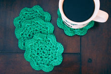 Load image into Gallery viewer, PRE-ORDER: Emerald Floral Inspired Crochet Coasters Set (Set of 4)
