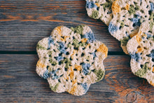 Load image into Gallery viewer, Blue &amp; Yellow Floral Inspired Crochet Coasters Set (Set of 4)
