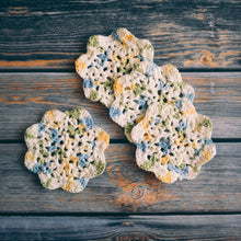 Load image into Gallery viewer, Blue &amp; Yellow Floral Inspired Crochet Coasters Set (Set of 4)
