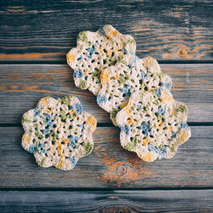 Blue & Yellow Floral Inspired Crochet Coasters Set (Set of 4)