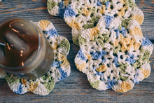 Load image into Gallery viewer, Blue &amp; Yellow Floral Inspired Crochet Coasters Set (Set of 4)
