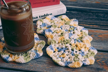 Load image into Gallery viewer, Blue &amp; Yellow Floral Inspired Crochet Coasters Set (Set of 4)

